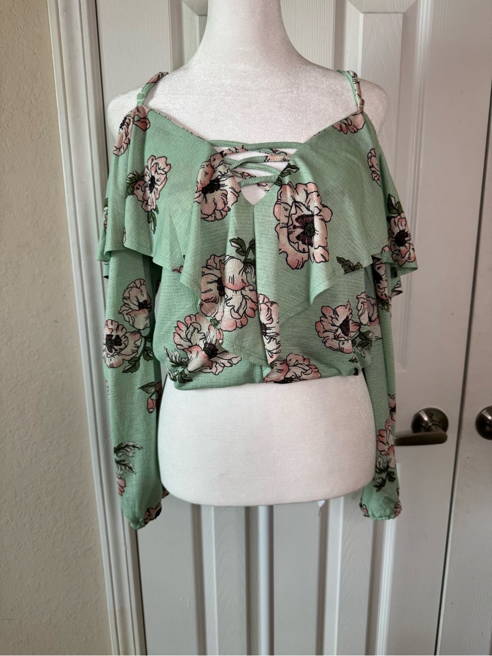 Liberty Love Mint Green Floral Cold-Shoulder Lace-Up Top